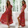 Summer Dress Indie Folk Women Sexy Printed Bow Holiday Beach Wrap Dresses V-Neck Boho Dress Elegant Party Sundress X0705