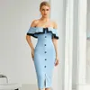 Le ultime donne Sky Blue Sexy Off-Shoulder Ruffled Bodycon Rayon Bandage Dress Elegant Club Party Vestidos 210527