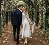 Lange mouwen A-lijn Satijn Trouwjurken Vintage Lente Bruidsjurken Thee Lengte Tailor Made Bruid Vestido de Novia Mariage 2022