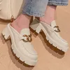 Sandales Femmes En Cuir Véritable Talon Chunky Plateforme Mules D'été Bout Carré Grande Chaîne Décoration Punk Décontracté Chaussures Quotidiennes Femmes