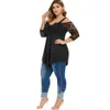 6xl plus storlek kvinnor skjorta av axel damer toppar spets långärmad svart blusar skjorta avslappnad oregelbunden streetwear femme d25 210302