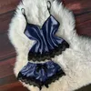 Women V-Neck Eyelash Lace Sleep Wear Sexy Lingerie Satin V-Neck Bowknot Camisole Shorts Set Sleepwear Pajamas Women Clothes Q0706