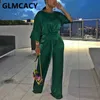 Women Solid Satin Jumpsuits Elegant Half Sleeve O-neck Wide Leg Belt Jumpsuit 210702