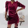 Senhoras outono vestido sólido cor veludo sprufante manga mini vestido para mulheres com decote em v cordão vestidos de outono vestido de mujer y1204