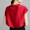 Suyadream 여성 솔리드 티셔츠 100 % 실크 새틴 활 칼라 Batwing Sleeved Shirts 여름 우아한 상위 210315