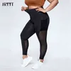 Jryyt Outono Inverno Plus Size Mesh Yoga Calças Mulheres Cintura alta Emenda Rápida Dril Sports Leggings Feminino Fitness Pockets 2021 4xL H1221