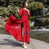 Maxi rouge mousseline de soie vintage longue robe femme broderie col en v soirée soirée élégante robes de fiesta été 210603