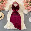 Sexy Halter Backless Irregular Dress Women Autumn Solid Sleeveless High Waist Club Party Vestidos Streetwear Mini Velvet Dress Y1204