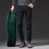 Men's Jeans Men's 2022 Winter Thick Green Fleece Warm Classic Style Business Regular Fit Elasticity Denim Pants Male