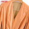 Tangada Mulheres Laranja Faux Leather Pleated Dress com cinto Três quartos manga retro outono elegante feminino midi vestido QN4 210609