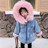 Menina bebê inverno denim jaqueta roupas roupas mais veludo grosso colar de pele com capuz quente 211027