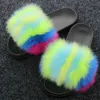 Winter Women Fur Slippers Fluffy Real Fox Slides Cute ry Raccoon Sandals Indoor Flip Flops Ladies Fashion Rainbow Shoes