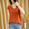 T-shirt damski 2022 Summer Cotton Knitwear Casual Cartoon Swatater Short-Sleeved V-dionover Top Top Plus Size