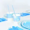 Jednorazowe zastawa stołowa Snowman Snowman Blue Stale Paper Paper Talerz Puchar Serwetek Dzieci urodziny