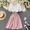 Neploe French Sweet Puff Sleeve Patchwork Kvinna Robe Square Collar Pleated Women Dress Office Lady Slim A Line Chic Vestidos Y0823