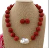 Brincos Colar bonito 14mm vermelho coral branco keshi pérola conjunto