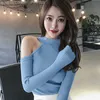 Shintimes Off Ramię Sweter Kobiety Turtleneck Swetry Z Długim Rękawem 2019 Fall Winter Slim Sexy Dzianiny Wysoki Elastyczny Pull Femme X0721