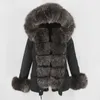 OFTBUY imperméable courte Parka veste d'hiver femmes réel manteau de fourrure col de fourrure naturelle capuche chaud Streetwear détachable 211019