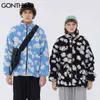 GONTHWID Coton Rembourré Épais Parkas Vestes Streetwear Hip Hop Daisy Imprimer Polaire Chaud Full Zip Manteaux De Mode Harajuku Outwear 211129