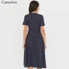 Capucines Vintage Dot imprimé V Col V Robe d'été Casual Casual Manches courtes Une ligne Robes Élégantes Robes Femme Vestidios 210316