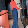 Damskie spodnie Damskie Spodnie Eleganckie Spring Runway Designers Women Stroje 2021 Moda Długie Rękaw Bluzyki i szerokie Dżinsy Dżinsy Staże