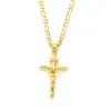 Kvinnor Mens 18K Gult Solid Gold Cross Pendant Finish Italienska INRI Jesus Crucifix Figaro Link Kedjan Halsband 24 "3mm