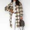 秋の女性のシャツのコートのファッションチェック柄プリントターンダウンカラーロングカジュアルシングルブレストウィンター女性オーバーコート210909