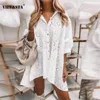 White Sexy Hollow Out Embroidery Mini Shirt Dress Women Turn-down Collar Button Spring Dress 2021 Autumn Solid Loose Party Dress Y1006