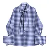Синяя клетчатая рубашка осень ретро дизайн свободно полный тонкий поворот воротник лук топ женские блузки 210615