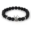 Strand Frisado Strands Trendy Matte Black Stone Beads Bracelet Pave CZ 4 Color Crown and Sheet For Womenmen Noble Jewelry Handmade Pulseras