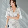 Sexy Lace Dress Black White V-neck Short Cloak Sleeve Bodycon Summer Elegant Ladies Floral Hollow Out Party 210603