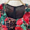 Letnie kobiety Sukienka Siatka Ruched Bodycon Midi Party Vintage Rose Leopard Drukuj Slim Fit Sexy Elegant Robe 210603