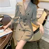 Aelegantmis Stylish Office Dame Elegante Frauen Brown Hound Tooth Blazer Kleider Schärpe Koreanische weibliche Doppelbreauted OL Retro 210607