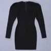 SWTAO Sexy Women V Neck Long Puff Sleeve Svart Bandage Klänning Bodycon Evening Club Party Vestido 210527