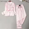 JULY'S SONG Faux Silk Women Pijamas Set 2 piezas Satin Stripes Polka Dot Printed Sleepwear Mangas largas Otoño Homewear 210809