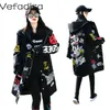 Vefadisa 여성 Scrawl Overcoat 봄 가을 긴 후드 면화 코트 편지 인쇄 자켓 블랙 DQ0287 210914