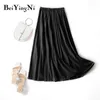 Beiyingni Gonna midi a pieghe Elastico a vita alta Dolce Casual Estate Slim Long Preppy Donna Maxi Black Jupe 210629