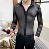 Voir à travers noir hommes chemise à manches longues Slim Fit tenue décontractée chemises Sexy Streetwear boîte de nuit fête sociale vêtements Camisa 210527