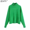 Zevity Women Simply Mock Neck Solid Green Color Casual Knitting Sweter Kobiet Chic Podstawowy Długi Rękaw Swetry Marka Topy SW900 211217