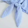 Summer Plaid Cropped Blouse Long Puff Sleeve Ruffles Trim Short Shirt Chic Button Up Knot Front Gingham Female Tops 210604