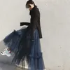 Высокая талия плиссированная длинная юбка женская юбка на лодыжке юбка винтажные взрослые тюль юбки женские черные эластичные пухлые тульские юбки 210619