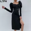 LTPH vrouwen jurk bladerdeeg mouwen lage vierkante kraag effen hoge taille vintage lange elegante vork zwarte jurken lente 210623