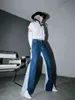 Blue Contrast Color Split Joint Long Wide Leg Jeans High Waist Loose Women Trousers Fashion Spring Autumn 1T276 211102