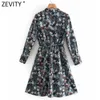 Zevity Women Vintage Stand Collar Floral Print Lace Up Kneeth Klänning Kontor Långärmad Vestido Casual Slim Dresses DS4789 210603