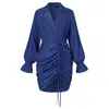 Celmia Elegant Suit Collar Dresses Women Stylish Drawstring Pleated Mini Dress Summer Sexy Bodycon Long Sleeve Vestidos