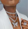 Roze Clear Crystal Butterfly Hanger Charm Miami Curb Cubaanse Ketting Hip Hop Ketting Rapper Gift Rock voor Mannen Vrouwen Sieraden