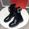 Mode dam vinter ankel stövlar kristall spänne spets upp hög kvalitet cowskin plattform designer tryck martin booties kvinnor platt boot skor storlek 35-41