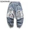 Gonthwid Graffiti Print Joggers Harem Denim Spodnie Streetwear Hip Huch Harajuku Baggy Dżinsy Męskie Mody Hipster Casual Spodnie 210723