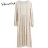 Yitimuceng Fasciatura Solid Vintage Abiti a vita alta Donna O-Collo A-Line Abbigliamento Primavera Moda francese Abito in chiffon 210601