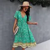 Casual Dresses Spring Print Dress Women Short Sleeve V Neck Hög midja för Kvinna 2021 Bohemian Summer